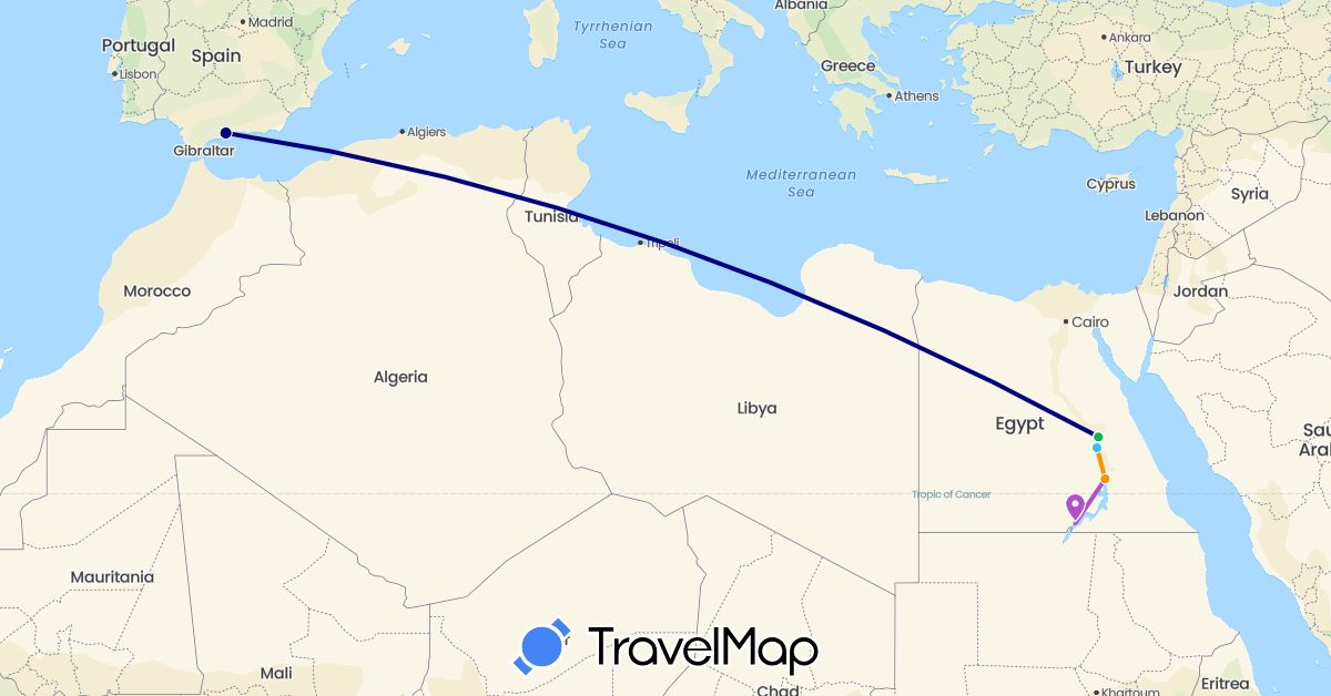 TravelMap itinerary: driving, bus, train, boat, hitchhiking in Egypt, Spain (Africa, Europe)